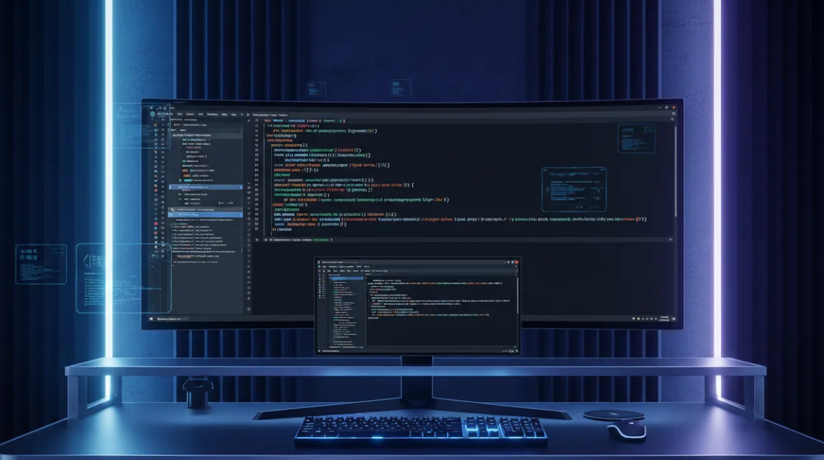 A dark-themed code editor on a widescreen monitor showing syntax-highlighted code with a terminal debug window, representing AI-assisted software development