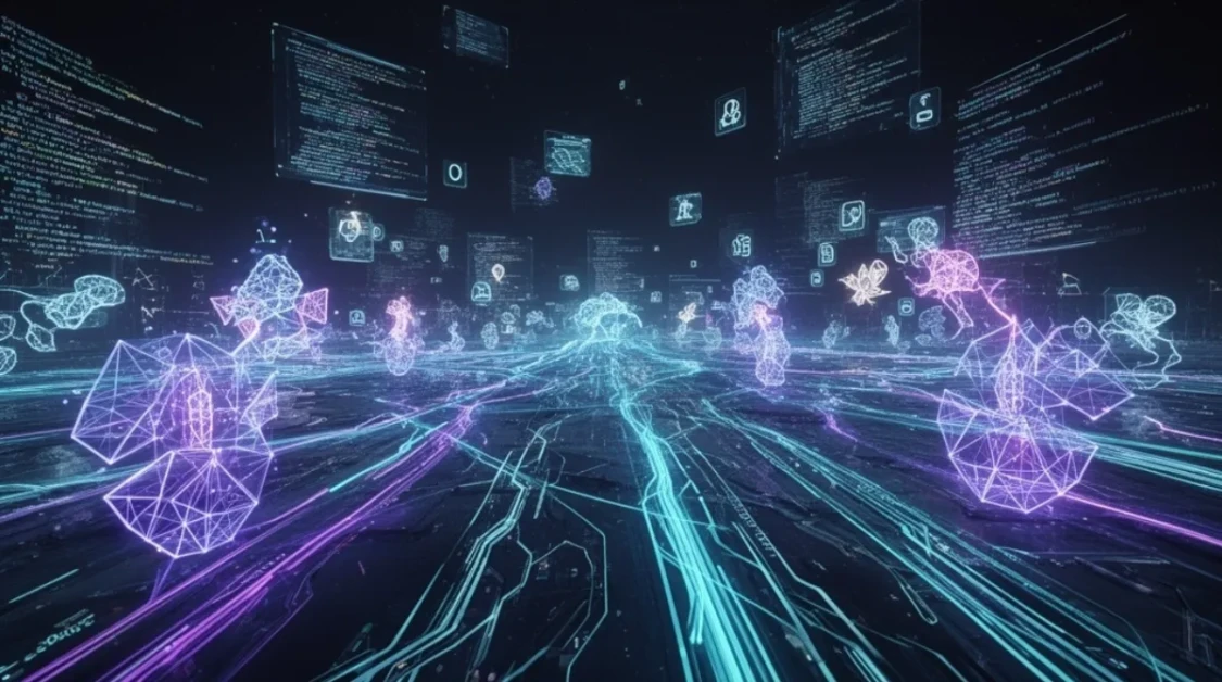Futuristic digital battlefield representing AI coding war with neural networks, code streams, and competing AI entities in cyberspace