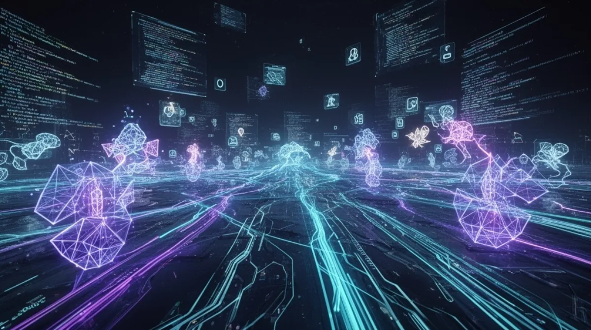 Futuristic digital battlefield representing AI coding war with neural networks, code streams, and competing AI entities in cyberspace