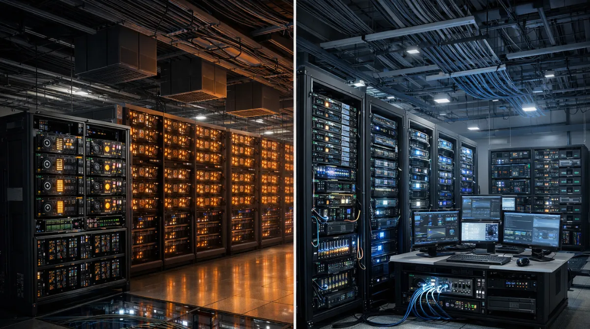 Conceptual split-scene inside an AI data center showing GPU clusters processing large batch workloads on one side and real-time request handling servers on the other, with realistic technical visualization and neutral lighting.