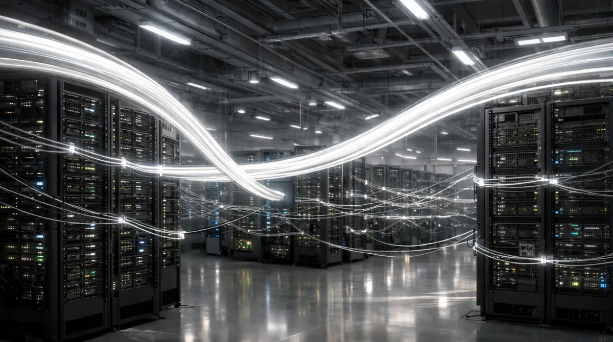 High-level visualization of data traffic inside an AI data center showing thick synchronized data flows between GPU clusters and many small low-latency connections in a realistic technical environment