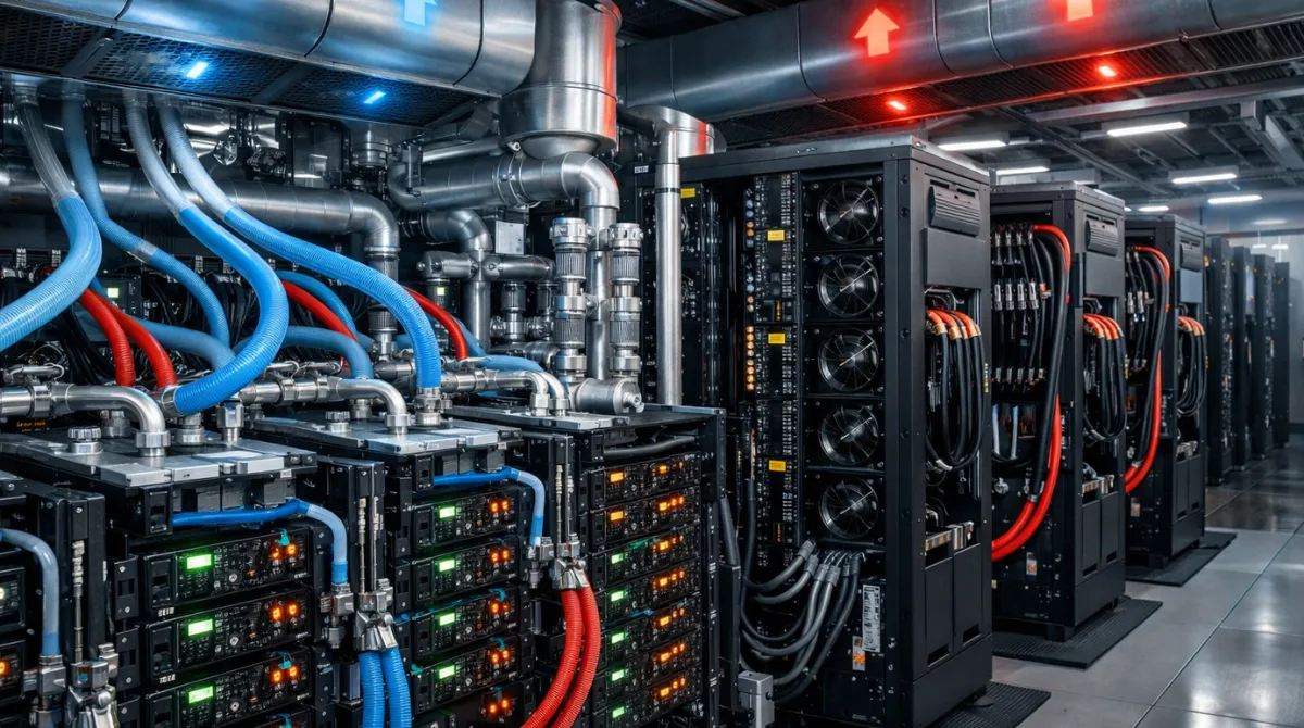 Interior view of a high-density AI data center showing GPU racks with liquid cooling systems, airflow paths, and power distribution units