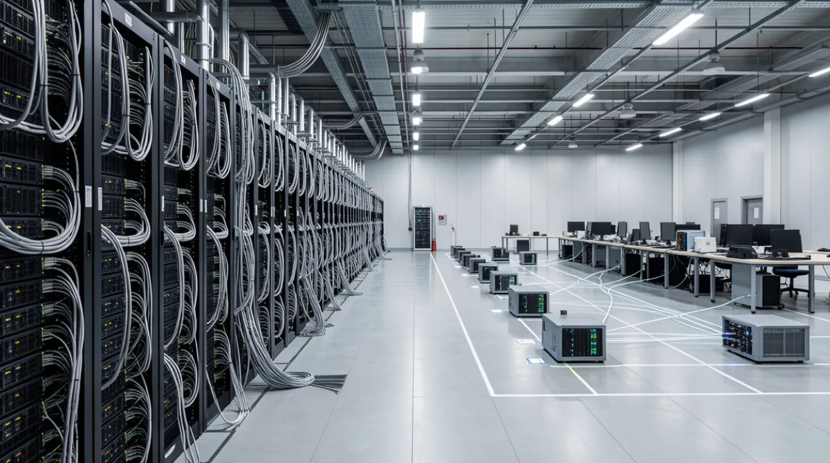 Wide interior view of a modern AI data center showing dense GPU racks for large-scale AI training alongside modular GPU nodes used for real-time AI inference