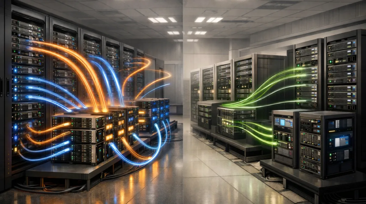 Editorial-style visualization of AI data center storage and data flow showing high-throughput training pipelines alongside low-latency inference workflows with GPU clusters and storage arrays