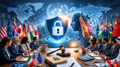 Global regulators meeting with digital globe and security shield symbolizing AI deepfake privacy safeguards efforts