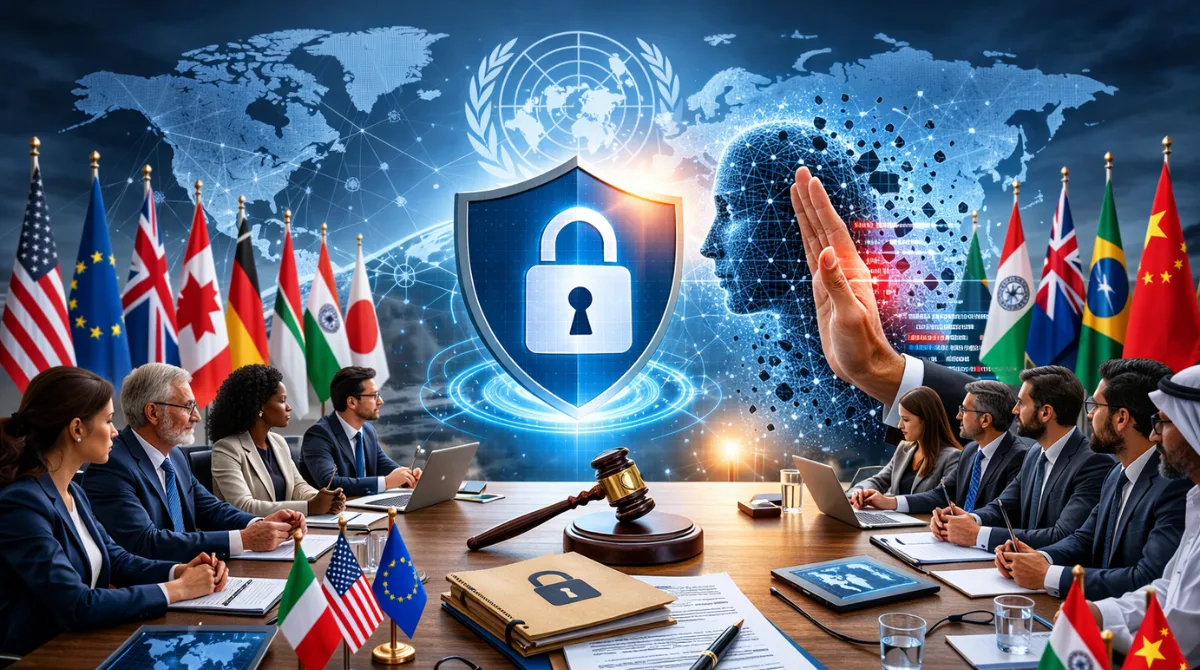 Global regulators meeting with digital globe and security shield symbolizing AI deepfake privacy safeguards efforts