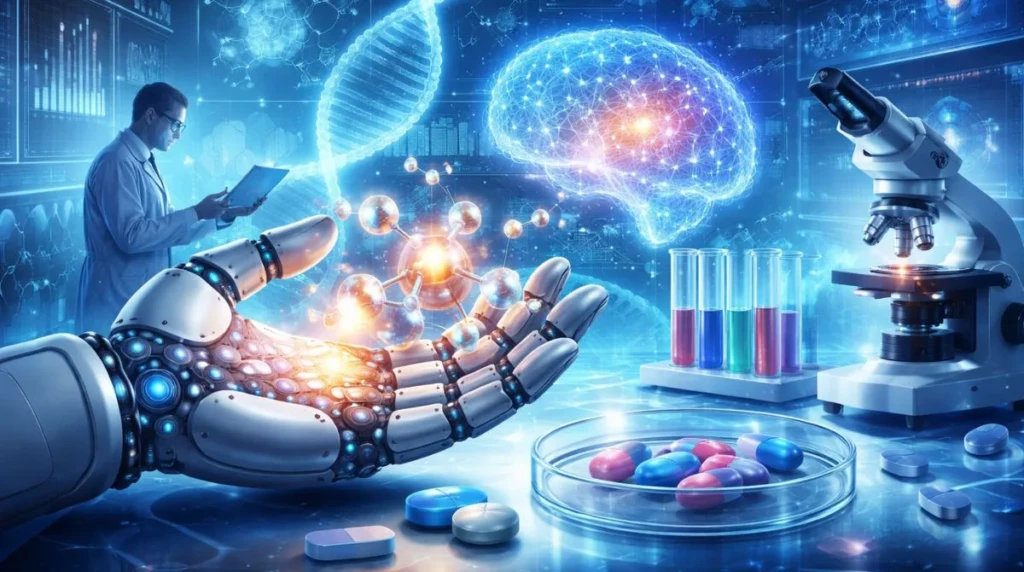 AI-powered drug discovery concept showing artificial intelligence analyzing molecular structures in a futuristic pharmaceutical laboratory