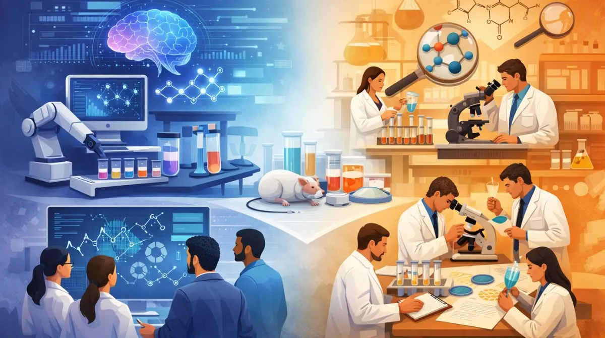 Comparison of AI-driven and traditional drug discovery approaches showing differences in decision making, data use, and experimental workflows