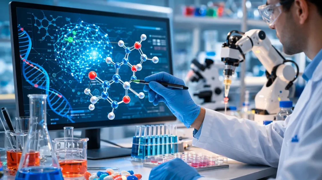 Scientist uses AI-powered molecular modeling tools in a modern drug research lab with test tubes, robotics, and lab glassware