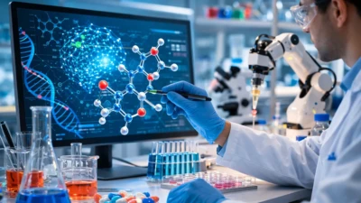 Scientist uses AI-powered molecular modeling tools in a modern drug research lab with test tubes, robotics, and lab glassware