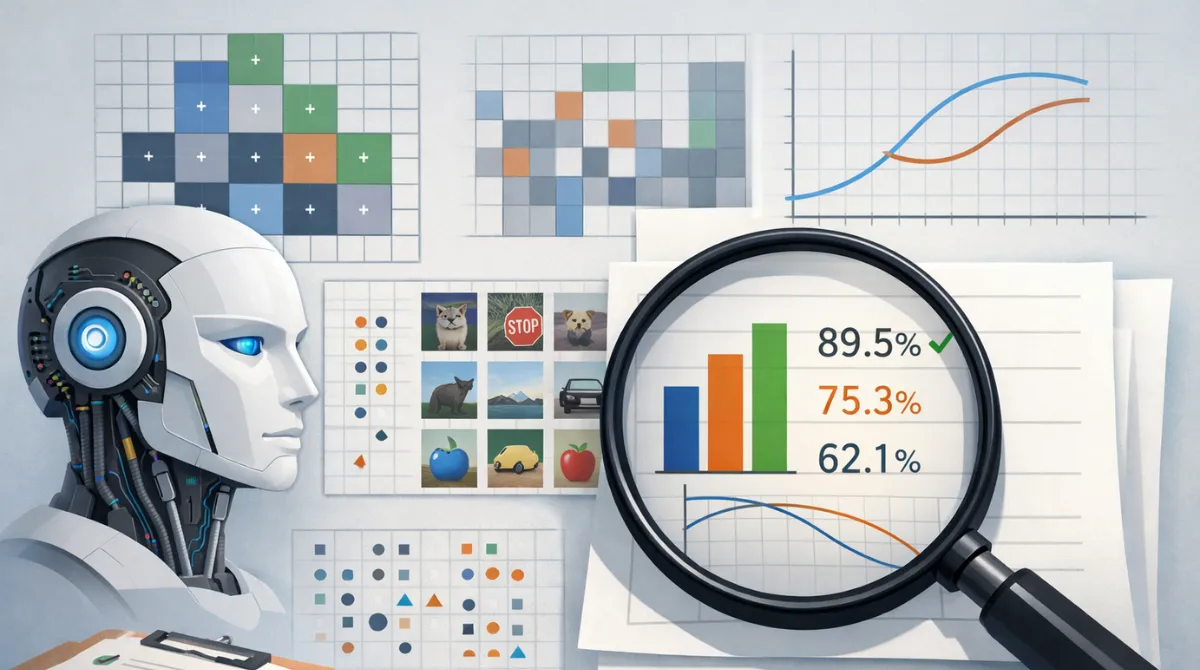 Editorial illustration showing AI evaluation and testing, with abstract benchmark grids and a magnifying glass examining performance results in a clean academic style
