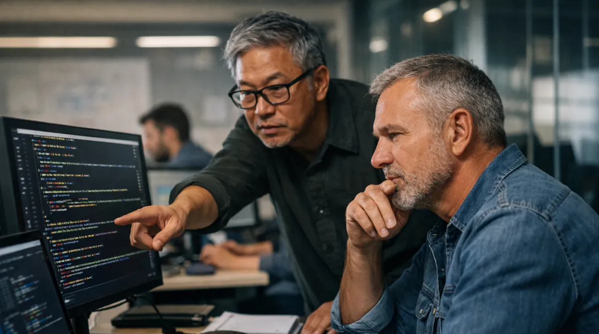 Senior software engineers conducting AI-generated code review on desktop monitors in a modern office environment