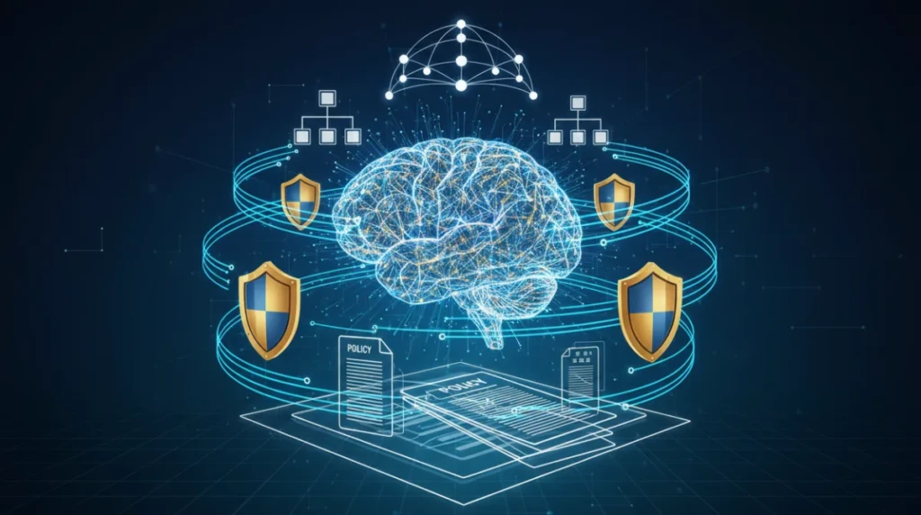 Cinematic illustration of an AI neural network surrounded by governance frameworks, policy controls, and organizational hierarchy in a digital transformation context