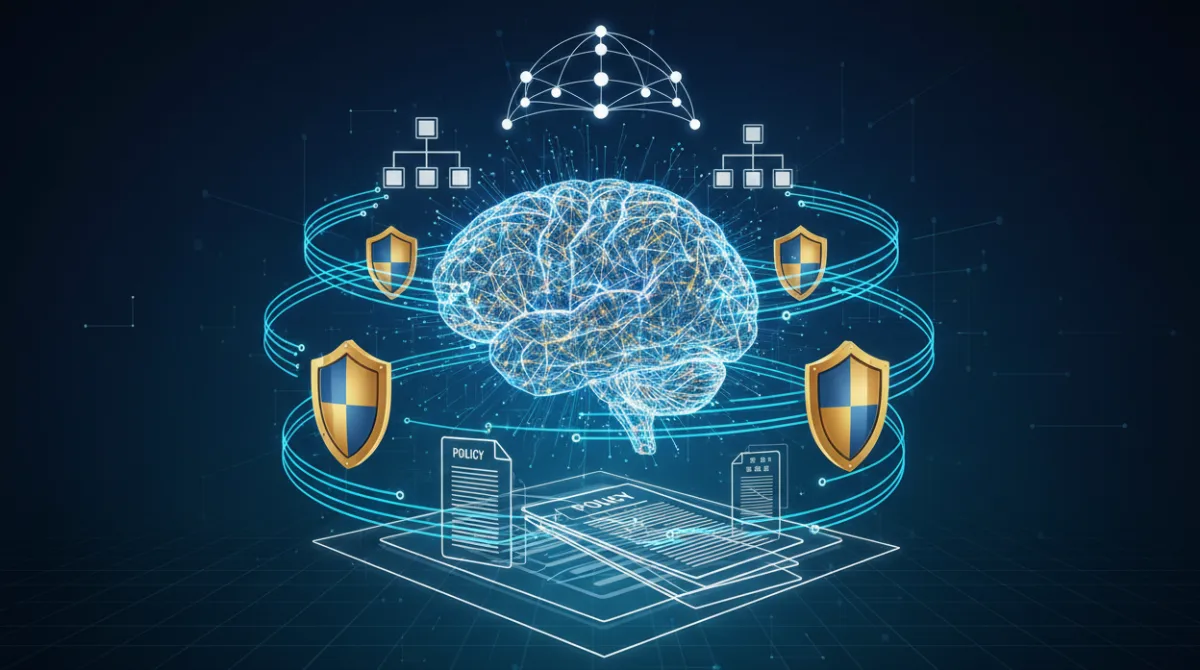 Cinematic illustration of an AI neural network surrounded by governance frameworks, policy controls, and organizational hierarchy in a digital transformation context