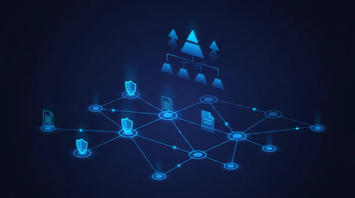 AI governance framework connecting neural network nodes with policy controls and organizational oversight in digital transformation
