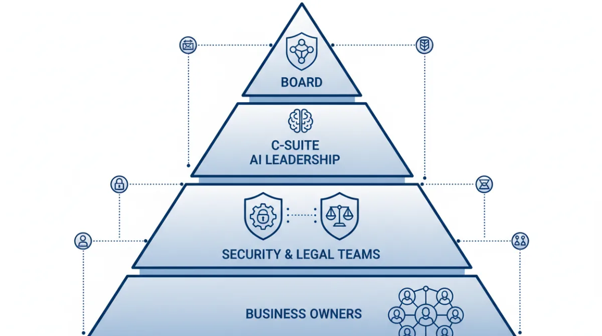 Layered organizational pyramid showing AI governance ownership from board and executive leadership down to business owners with accountability lines