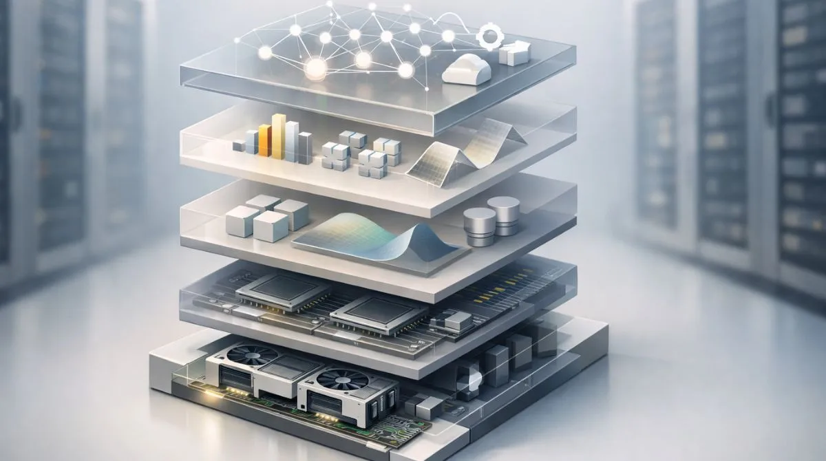 Editorial illustration of a layered AI software stack for GPU computing showing abstract hardware, runtime, libraries, frameworks, and deployment layers in a modern data center style