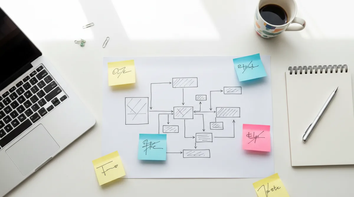 Overhead flat-lay of a workflow diagram sketched on white paper with sticky notes and a laptop representing the planning and ease of use of AI image generator tools