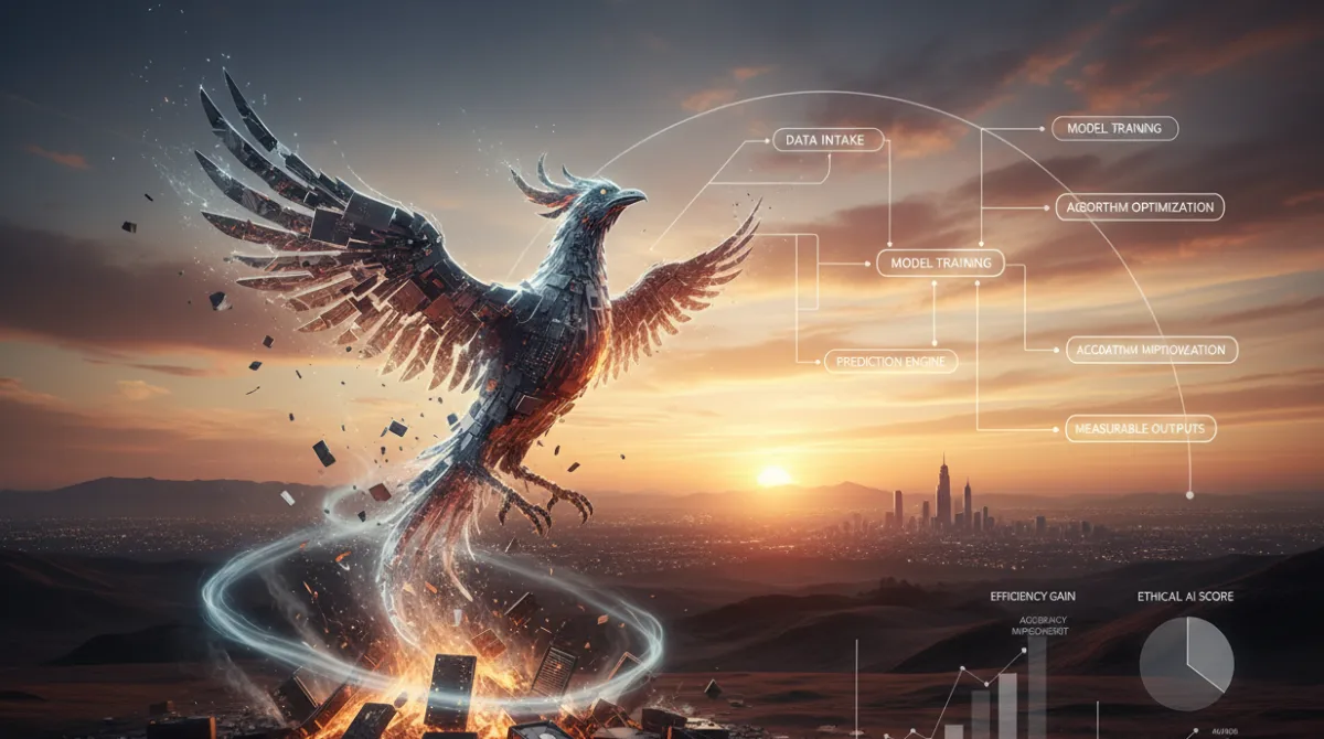 A phoenix rising from digital circuit board ashes transforming into a structured AI workflow diagram, symbolizing AI industry recovery and recalibration after a market correction