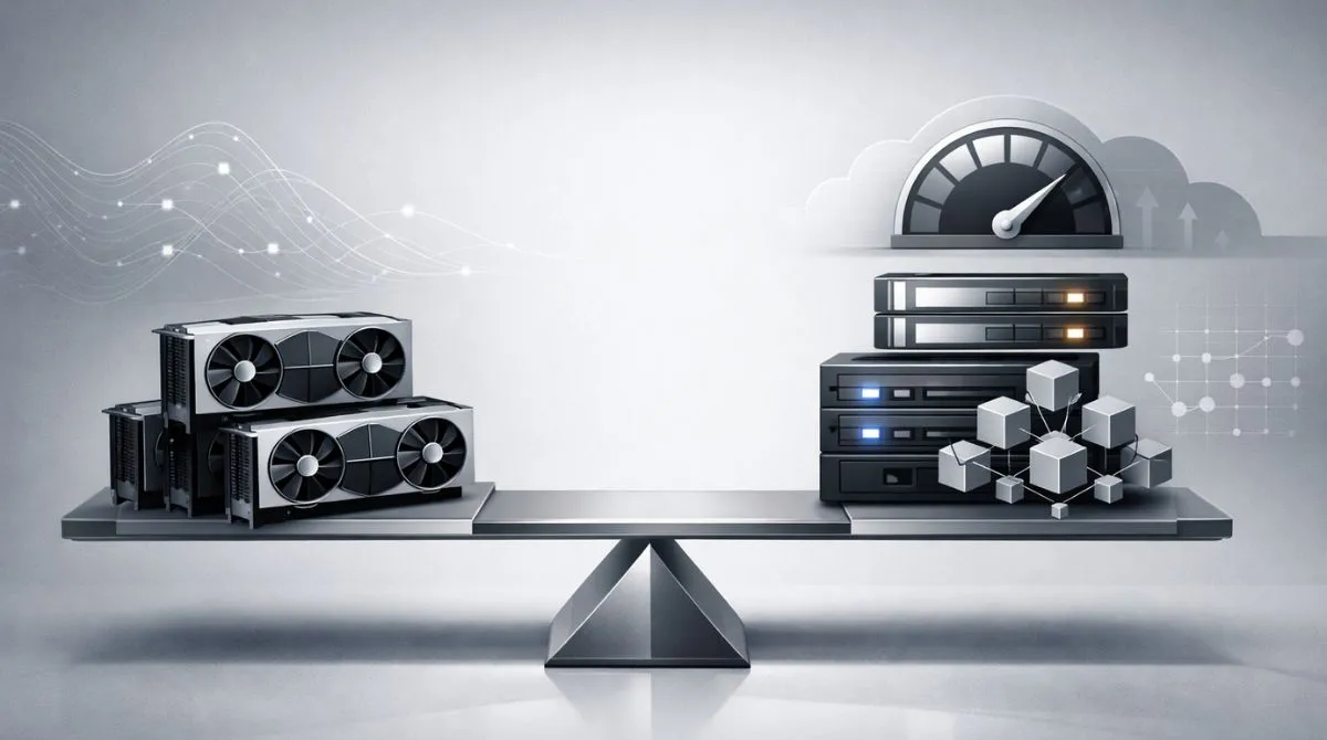 Editorial illustration showing GPU hardware balanced with performance, memory, and scalability elements in a modern AI infrastructure concept