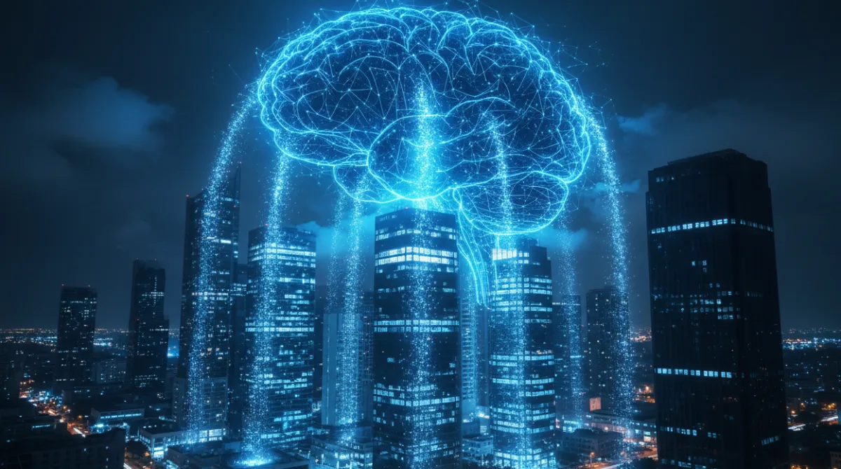 Symbolic wide cinematic image of a glowing AI neural network hovering above a modern city skyline at night with data streams flowing into buildings, some brightly lit representing AI-powered companies and others dark representing downsizing firms