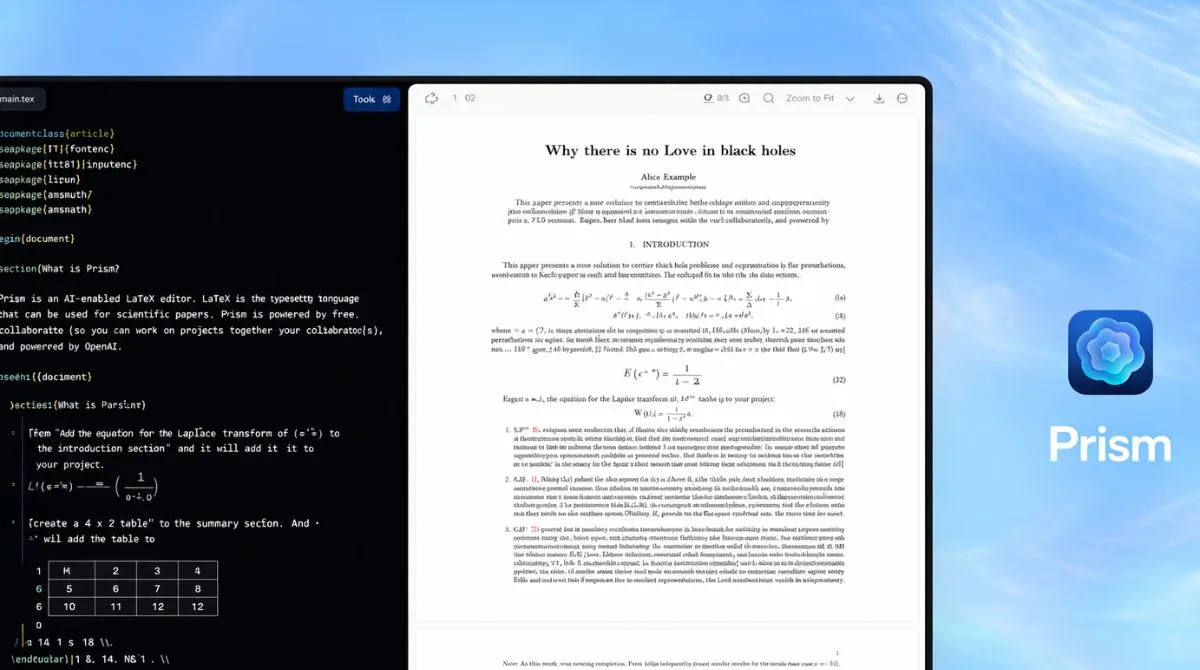 AI-powered LaTeX editor interface showing a dark code editor and a live academic document preview side by side