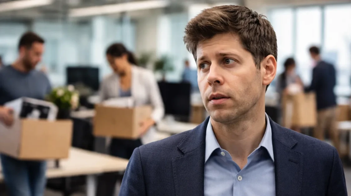 Sam Altman in an office foreground as workers pack boxes in the background, symbolizing AI-driven tech layoffs