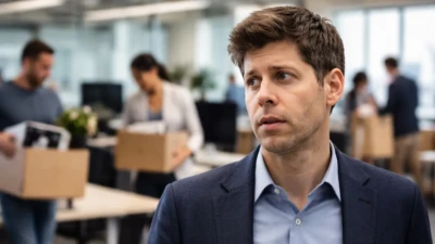 Sam Altman in an office foreground as workers pack boxes in the background, symbolizing AI-driven tech layoffs