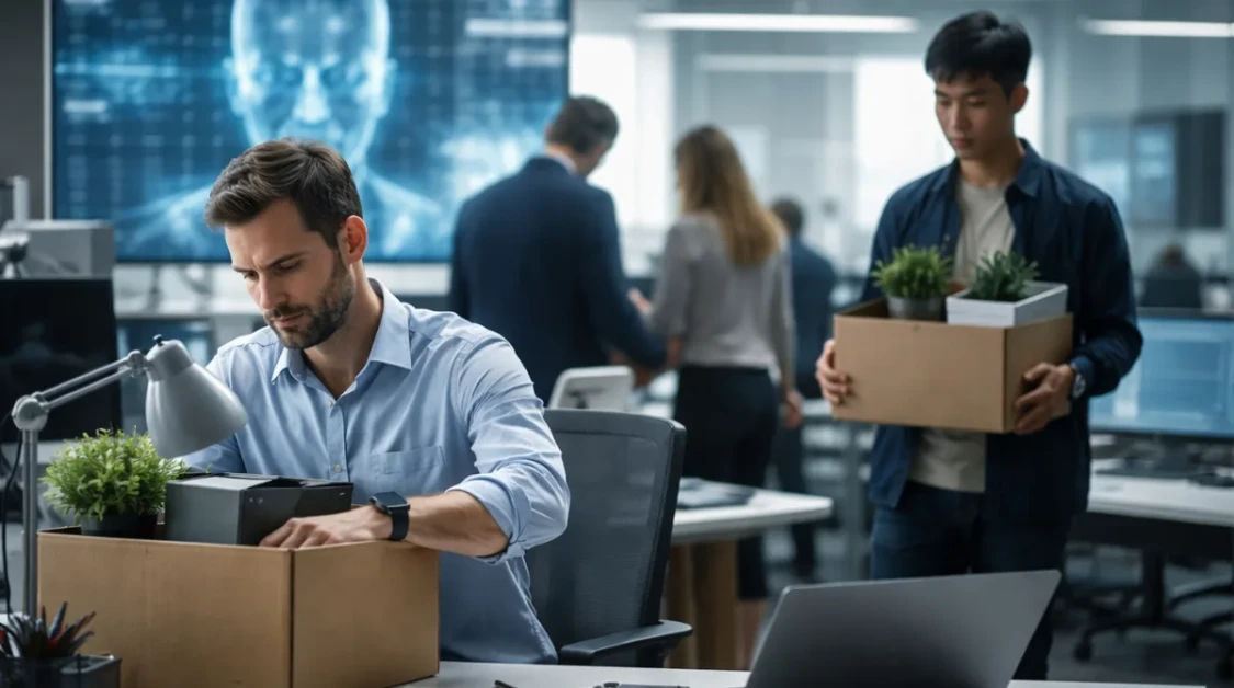 Tech employees pack belongings in a modern office as AI systems display on screens, symbolizing layoffs and workplace shift