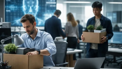 Tech employees pack belongings in a modern office as AI systems display on screens, symbolizing layoffs and workplace shift