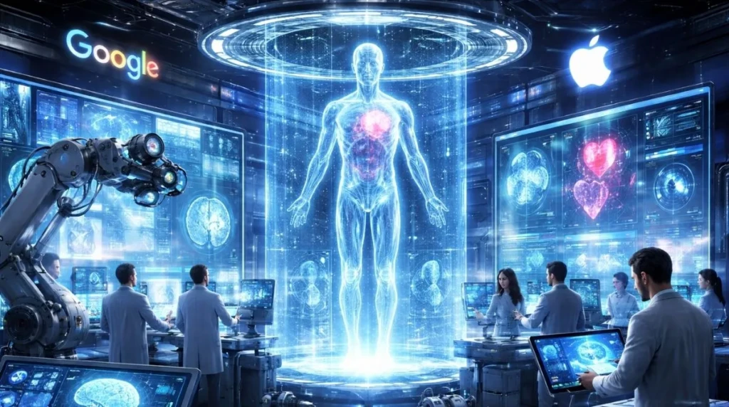 Futuristic medical laboratory with AI systems analyzing a holographic human body for advanced diagnostics