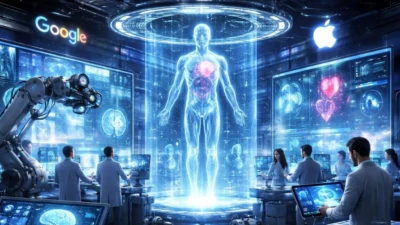 Futuristic medical laboratory with AI systems analyzing a holographic human body for advanced diagnostics