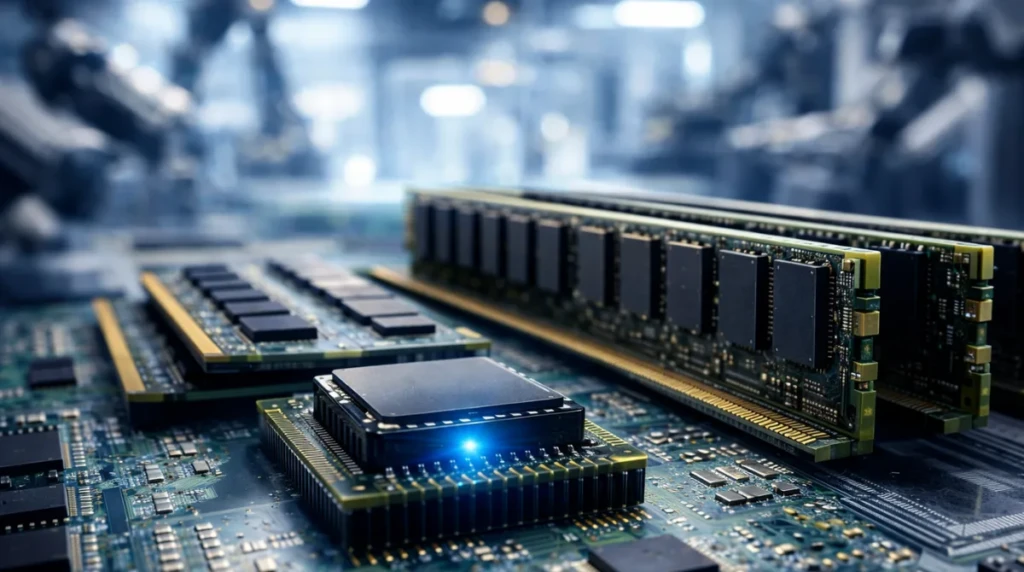 Close-up of advanced memory chips on a circuit board inside a semiconductor facility amid AI memory chip shortage concerns