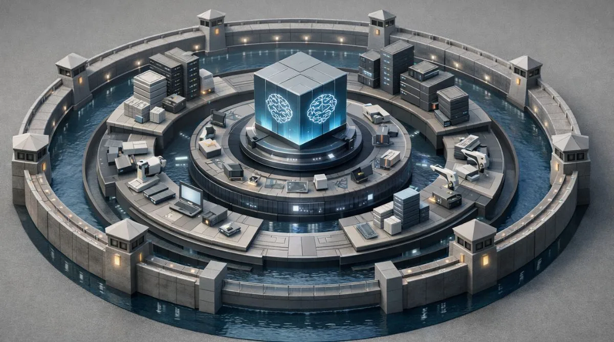 Editorial-style illustration of an AI moat showing layered proprietary data, embedded workflows, evaluation infrastructure, and trust boundaries surrounding a central AI system in a modern enterprise tech setting