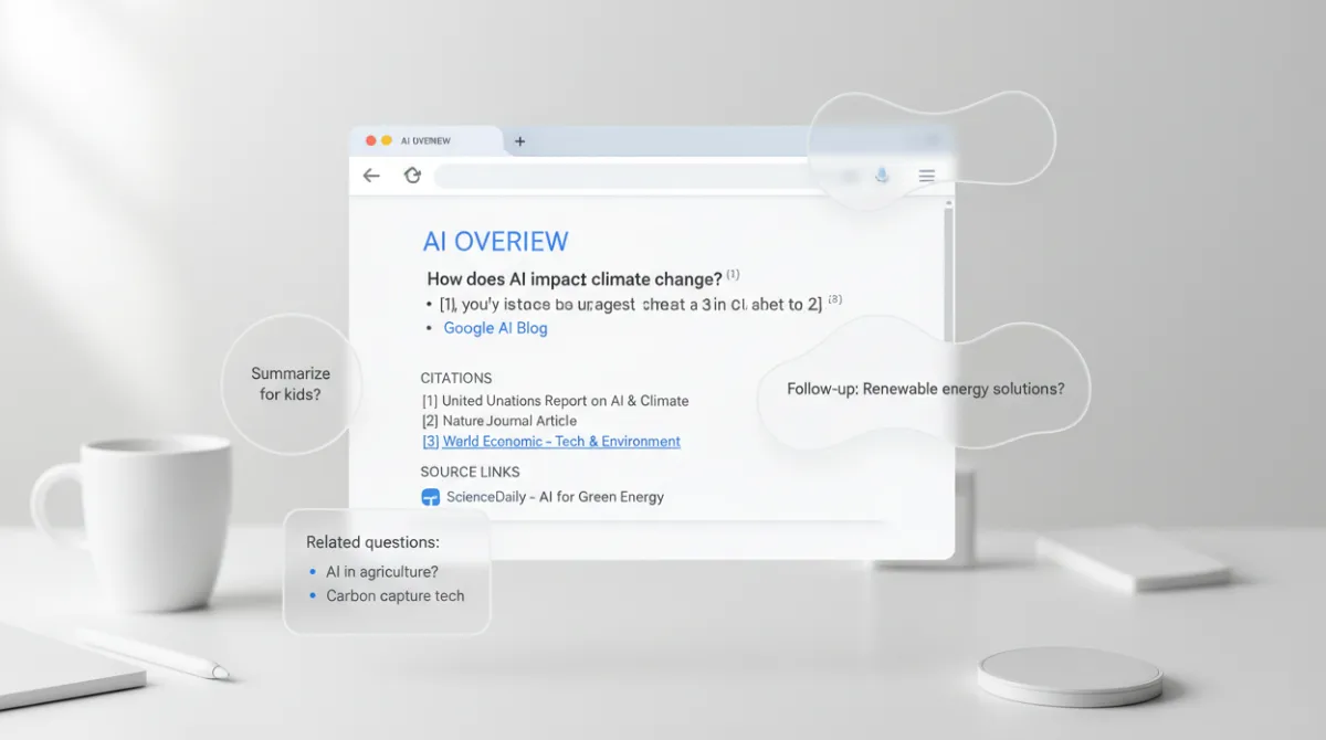 AI-powered Google Search interface showing direct answer cards with citations, summaries, and follow-up prompts replacing traditional link lists