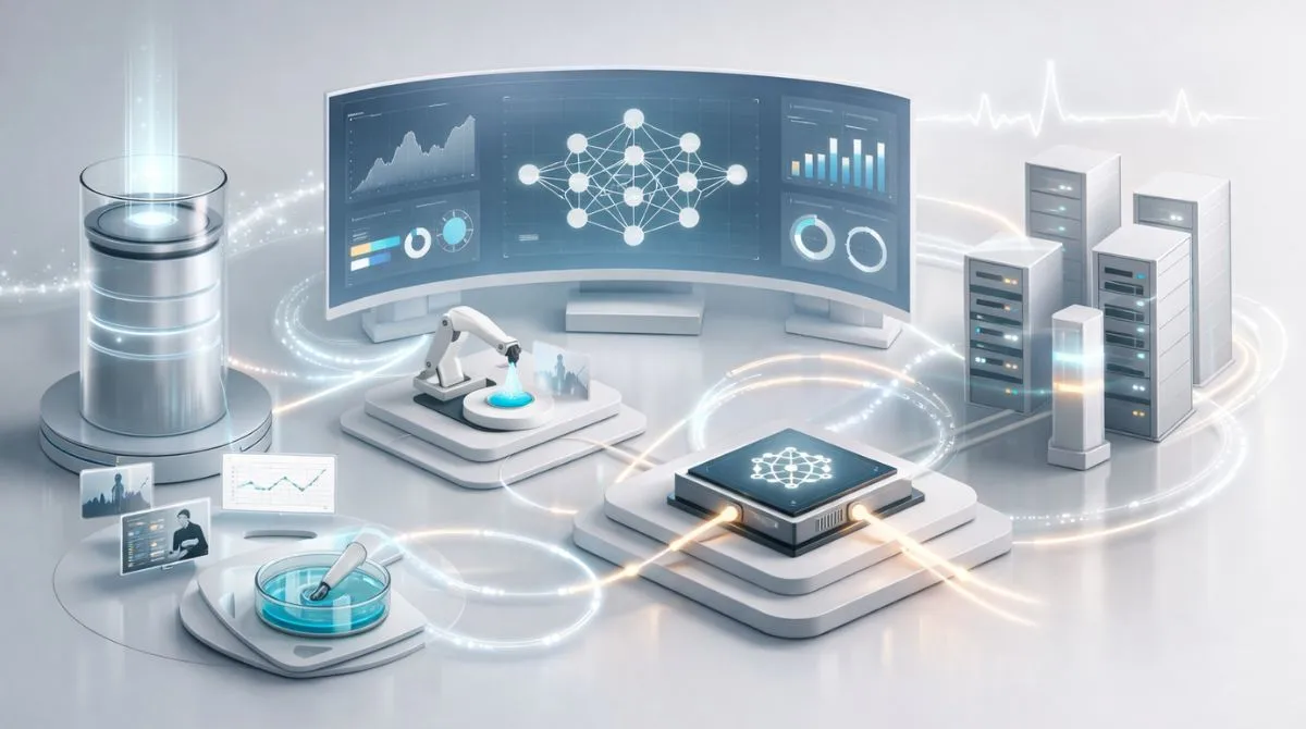 Editorial illustration of AI systems in production showing live data inputs, monitoring dashboards, model evaluation loops, and reliability signals flowing through abstract enterprise infrastructure