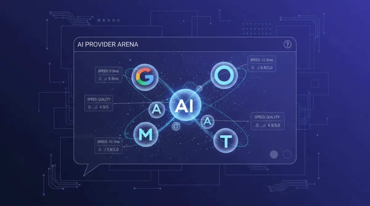 Multiple AI provider orbs competing inside a messaging platform interface representing the AI competition landscape on WhatsApp