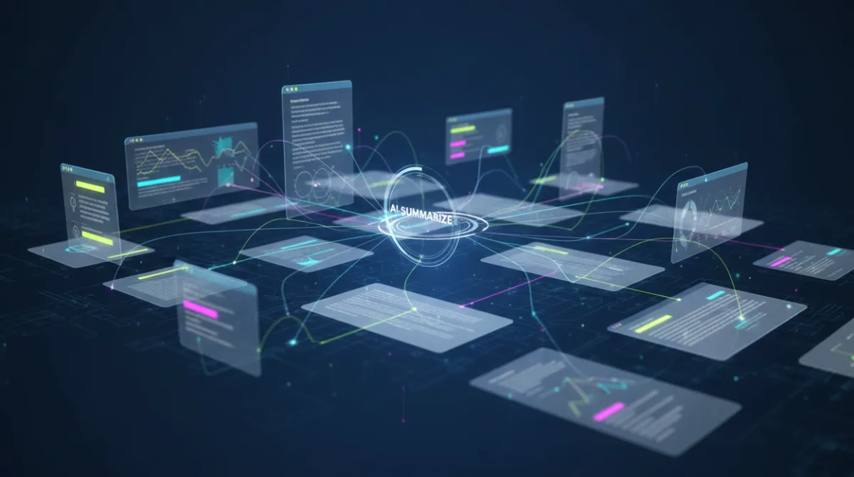Floating research documents and data charts connected by glowing lines, representing AI-powered document summarization and synthesis 