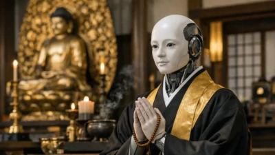 AI robot monk seated inside a traditional Japanese temple offering spiritual guidance with candles and Buddha statue behind