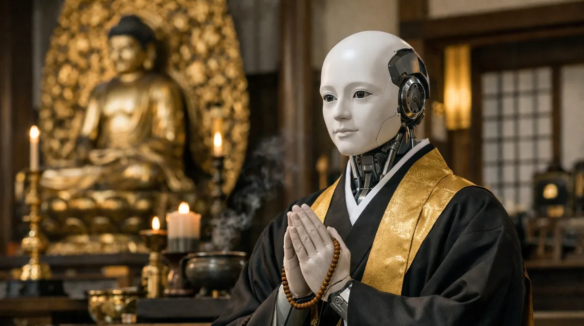 AI robot monk seated inside a traditional Japanese temple offering spiritual guidance with candles and Buddha statue behind