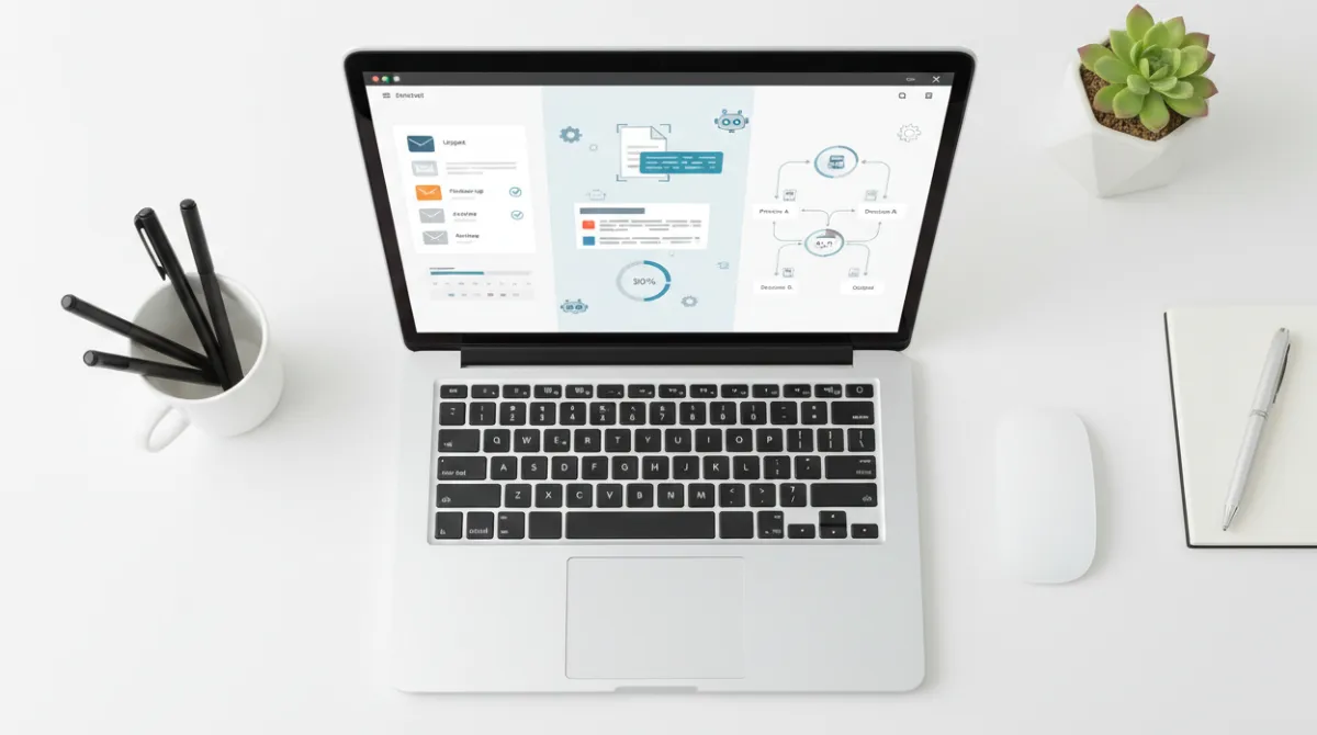 A desk setup showing an AI interface handling email triage, document processing, and workflow routing tasks on a laptop screen.