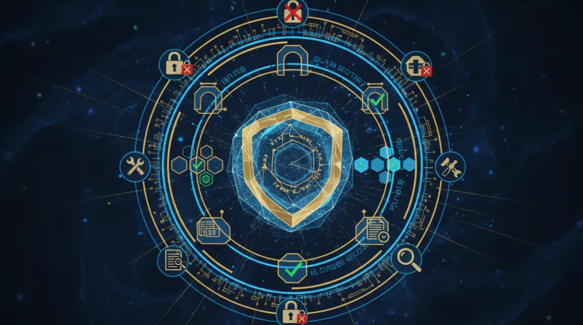 Digital security concept showing layered permission rings around a protected vault with icons representing locked tools, approval gates, and audit log documents
