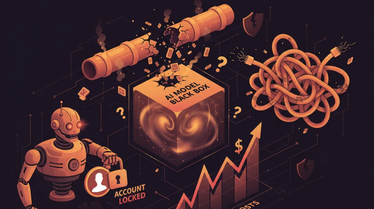 Illustration of key AI security platform limitations including data quality gaps, model opacity, integration overhead, automation risks, and rising total cost of ownership