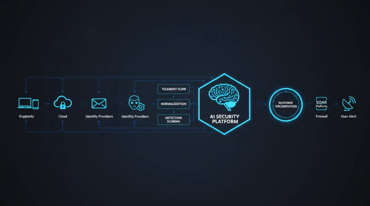 Diagram showing how an AI security platform ingests telemetry from endpoints, cloud, email, and identity providers through a central AI engine for detection and response