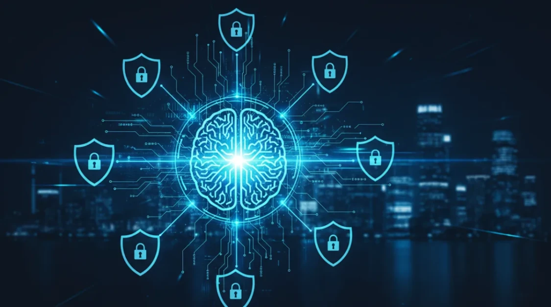 AI-powered security platform concept showing a neural network brain connected to cybersecurity shields, network nodes, and data streams on a dark digital background