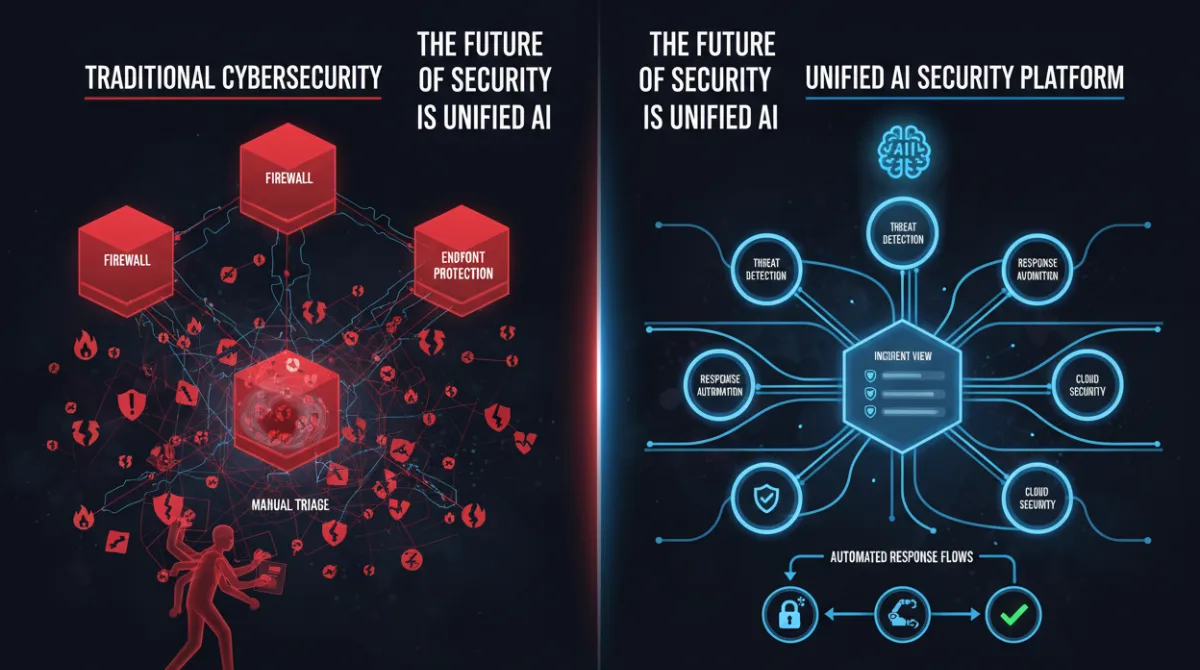 Side-by-side comparison of AI security platforms with unified correlation and automated response versus traditional siloed cybersecurity tools with manual alert triage
