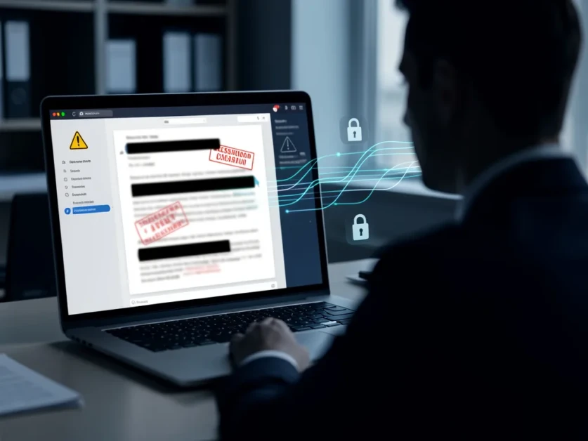 A person using a laptop with an AI chat interface displaying redacted government documents marked confidential, highlighting data security and privacy risks