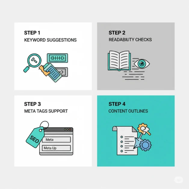 Infographic showing four ways AI helps with SEO using icons and bold text.