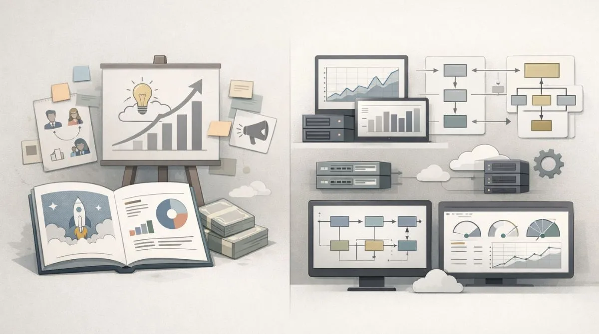 Editorial illustration showing the evolution of AI startup valuation from pitch deck–driven narratives to deployment pipelines, data analytics, and operational dashboards in a professional investment and technology setting