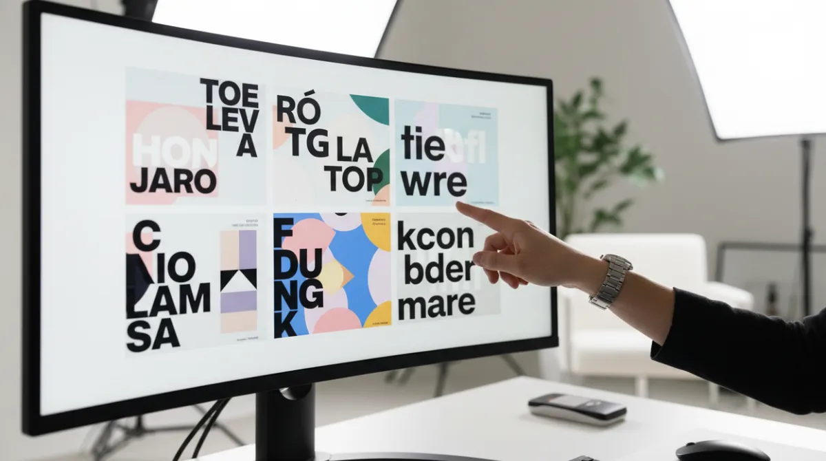 A designer's hand pointing at a large monitor displaying bold text-overlay graphic designs representing AI text-in-image rendering capabilities